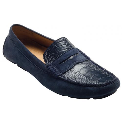 David X "Penny" Navy Genuine Ostrich Leg Loafer Shoes